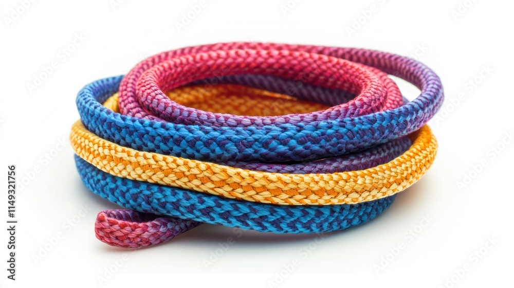 A close-up of colorful shoe laces coiled on a white background. A close-up of colorful shoe laces coiled on a white background.