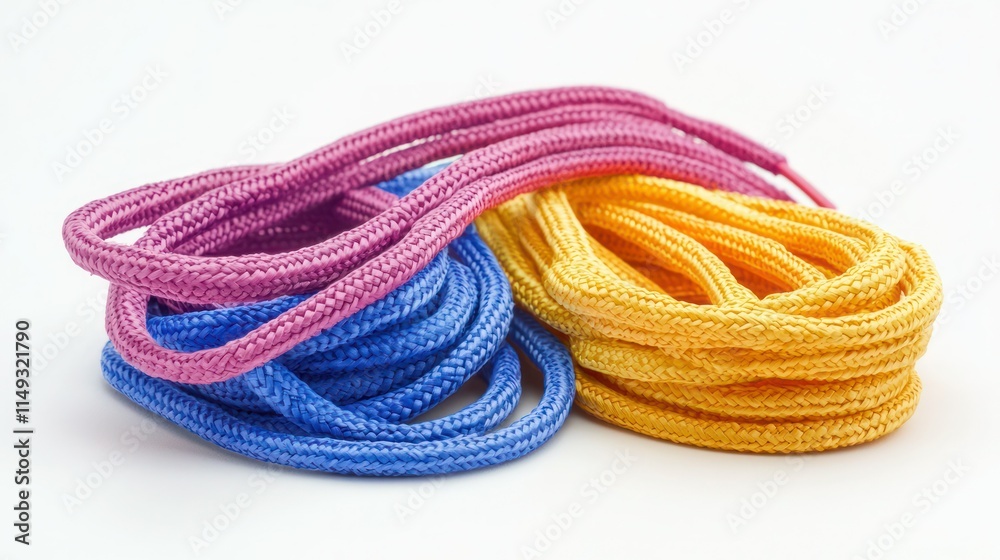 A close-up of colorful shoe laces coiled on a white background. A close-up of colorful shoe laces coiled on a white background.