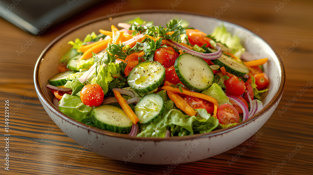 Mixed Salad with Fresh Vegetables and Olive Oil Garnish on a Rustic Table
Mixed Salad with Fresh Vegetables and Olive Oil Garnish on a Rustic Table