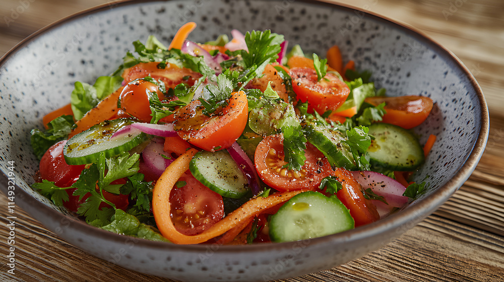 Mixed Salad with Fresh Vegetables and Olive Oil Garnish on a Rustic Table
Mixed Salad with Fresh Vegetables and Olive Oil Garnish on a Rustic Table