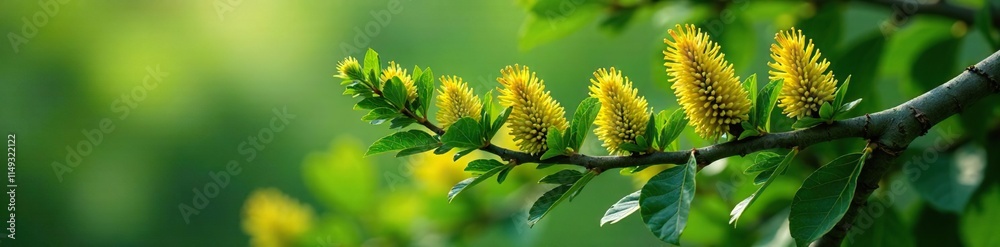 Branches laden with dense clusters of blooming cones, their scales a vibrant green as they burst forth with pollen, cones, green Branches laden with dense clusters of blooming cones, their scales a vibrant green as they burst forth with pollen, cones, green