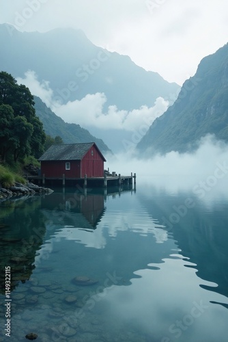 Boatshed at Papanui Inlet with misty morning atmosphere, mist, boatshed photo