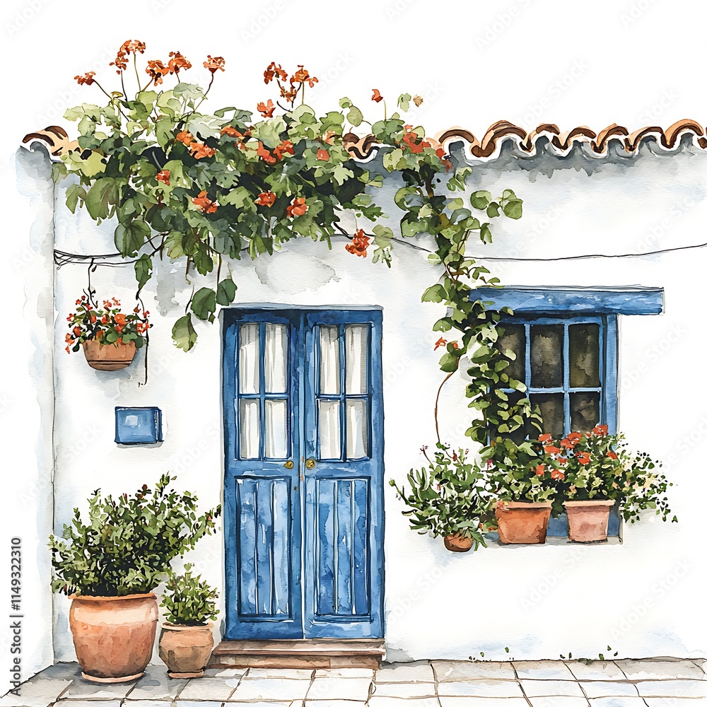 Naklejka premium Watercolor Painting of a Mediterranean House Entrance with Blue Door and Vibrant Flowers.