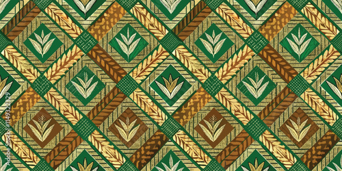 Vibrant green and gold geometric pattern with plant motifs, creating a lush and earthy aesthetic.