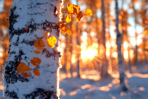 Verschneiter Birkenwald mit goldenem Sonnenuntergang
 photo