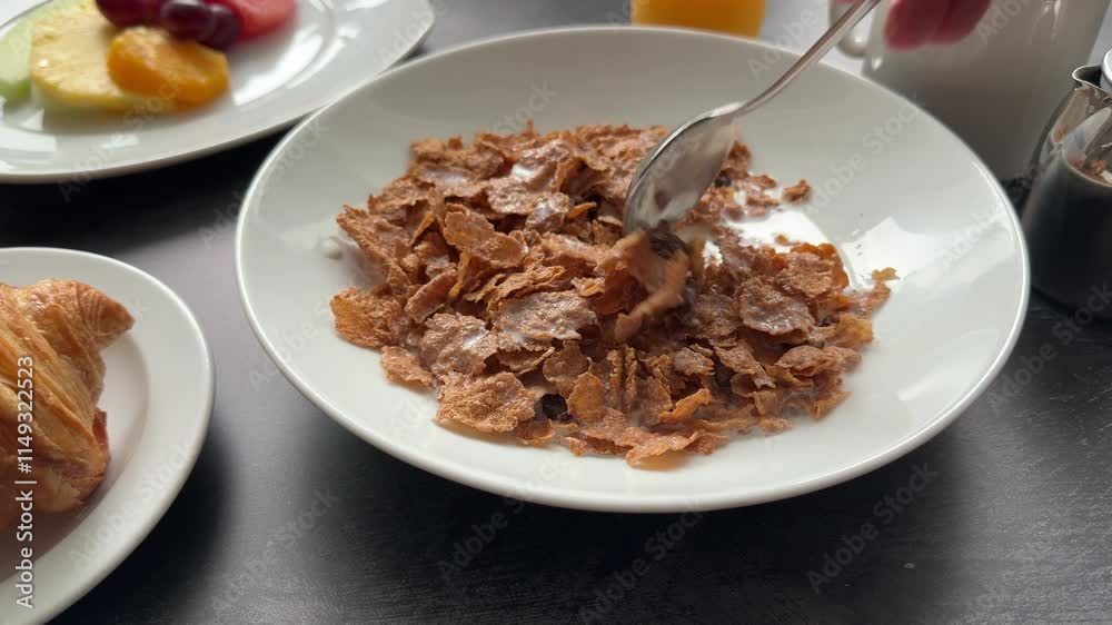 Eating a Bowl of Bran Cereal with Raisins Eating a Bowl of Bran Cereal with Raisins