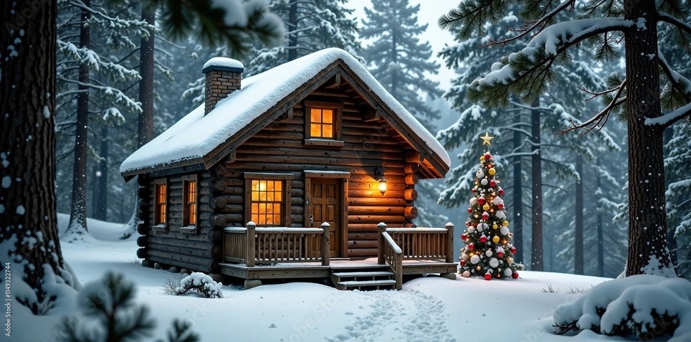 Cozy cabin nestled in the woods with a pine tree and Christmas ornaments surrounding it, rustic wood, cozy cabin Cozy cabin nestled in the woods with a pine tree and Christmas ornaments surrounding it, rustic wood, cozy cabin