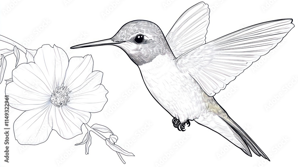 Obraz premium Playful Hummingbird with Flower: Children's Coloring Book Page