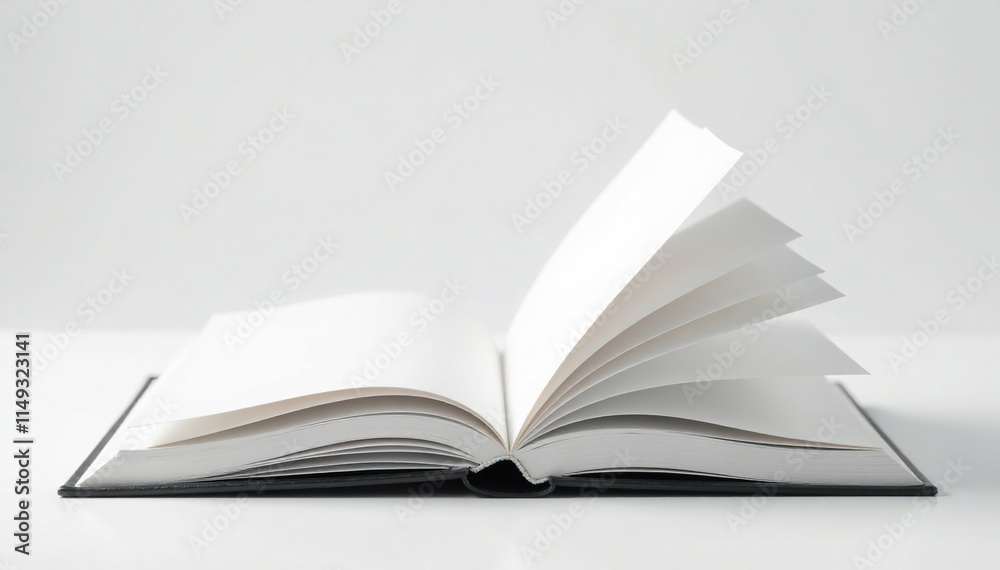 Open book with white pages on a white background, with subtle shadows and reflections, simple, clean, minimalist Open book with white pages on a white background, with subtle shadows and reflections, simple, clean, minimalist
