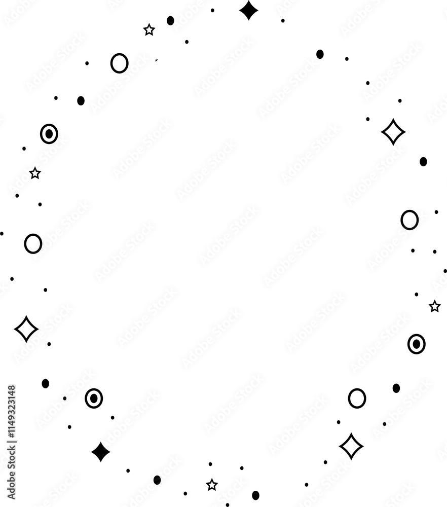 Sparkle star circle frame. Wreath round stardust border for party, birthday decor design. Laurel frame with, cosmic glitter shine. Isolated black flat vector illustration. Sparkle star circle frame. Wreath round stardust border for party, birthday decor design. Laurel frame with, cosmic glitter shine. Isolated black flat vector illustration.