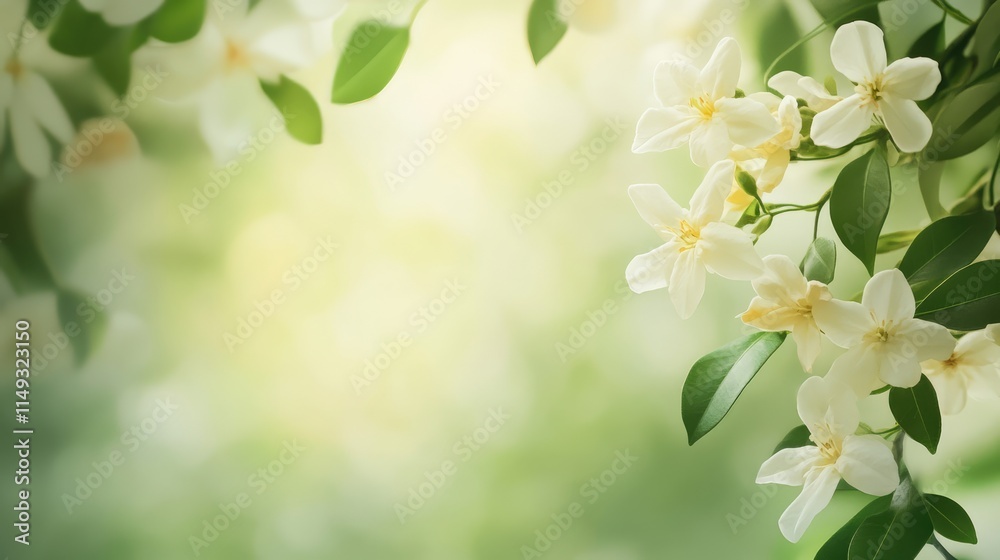 Fototapeta premium spring border, blooming jasmine bush on a green background. Soft selective focus with copy space
