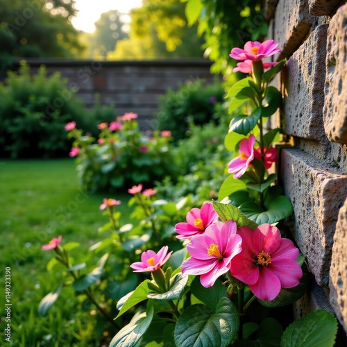 Einige Bl?ten mit Wassertropfen auf einem alten Stein in einer alten Gartenmauer im Herbst, garden wall, landscape, nature photo