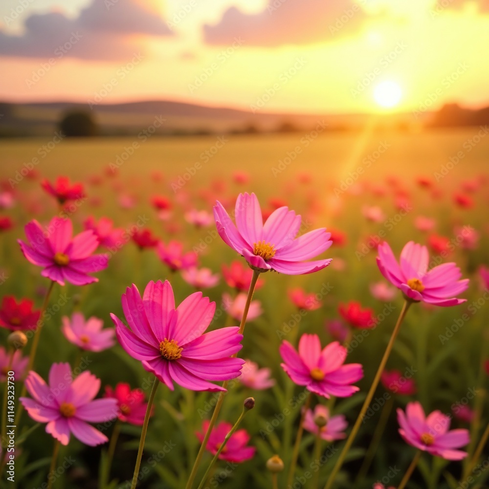 Obraz premium Field of pink cosmos flowers against a warm sunset background with gentle golden hues, nature, warm colors
