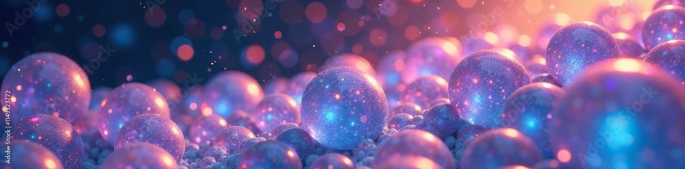 Shimmering iridescent spheres suspended in air, opalescent, reflective, crystalline Shimmering iridescent spheres suspended in air, opalescent, reflective, crystalline