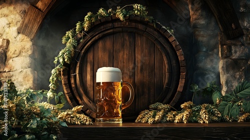 A beer stein sits before a wooden barrel and hops
