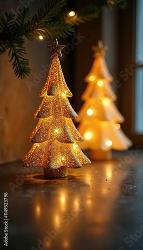 Shimmering golden Christmas tree decorations on a metal table, glitter, illuminated, glitzy