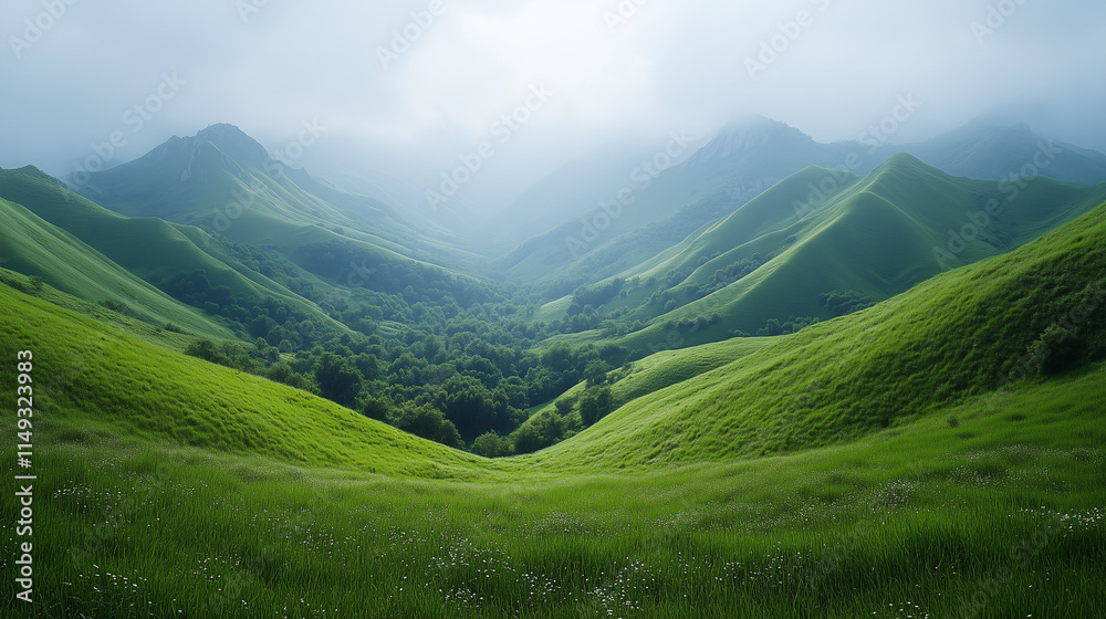 A lush green valley sits between rolling grassy hills under a hazy sky A lush green valley sits between rolling grassy hills under a hazy sky