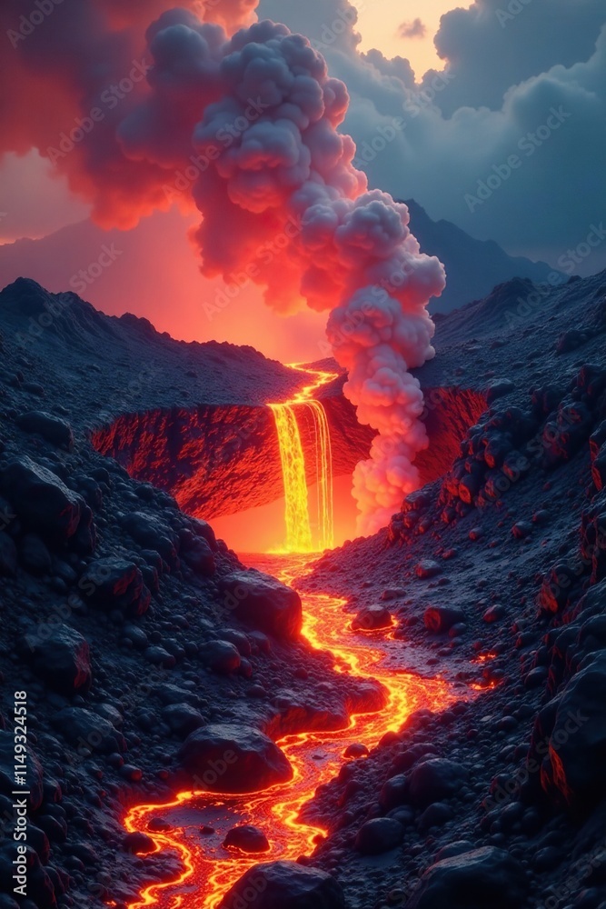 Fototapeta premium Lava vent with flowing molten rock and surrounding ash clouds, glowing rock, fiery rock