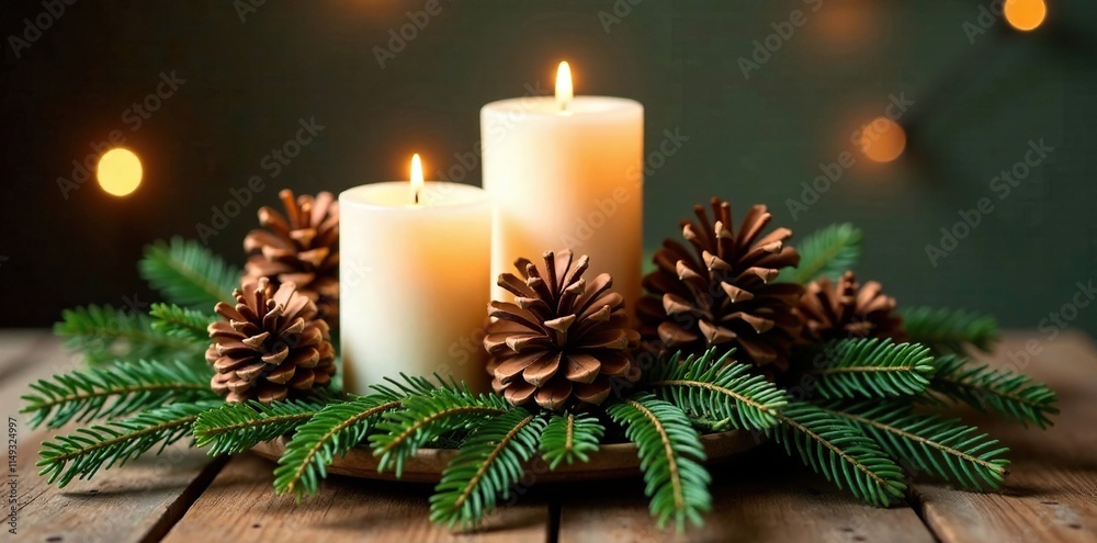 Pinecone-adorned evergreen branches with pillar candles on a wooden table, pillar candles, seasonal centerpiece, winter decor Pinecone-adorned evergreen branches with pillar candles on a wooden table, pillar candles, seasonal centerpiece, winter decor