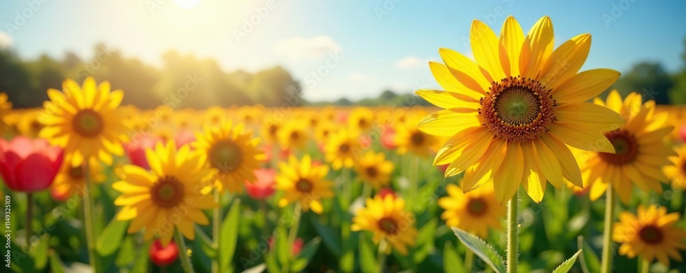 Fototapeta premium Tulpen und Orangenbl?ten in einem sonnigen Feld, nature, sunflower