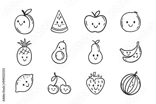 Fruits funny characters with a smile doodle hand drawn icon set. Different variable fruits happy smiling drawing clipart outline element.