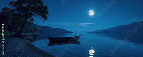 Serene lake shore at night with a fishing boat moored on the water, moonlight, nighttime scenery, lake photo