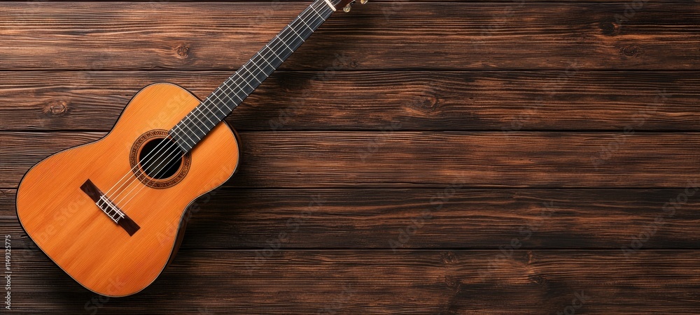 Obraz premium Strumming melodies acoustic guitar on rustic wooden surface music scene cozy atmosphere close-up view artistry concept