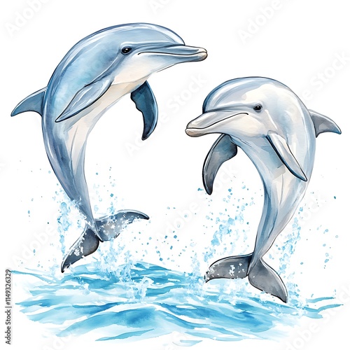 Wallpaper Mural Two Dolphins Leaping from the Ocean Waves A Watercolor Illustration. Torontodigital.ca