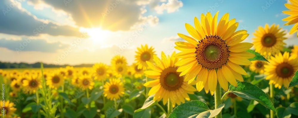 Obraz premium Sunny field of blooming sunflowers towering above the grass and under a brilliant sunny sky, sunlight, yellow