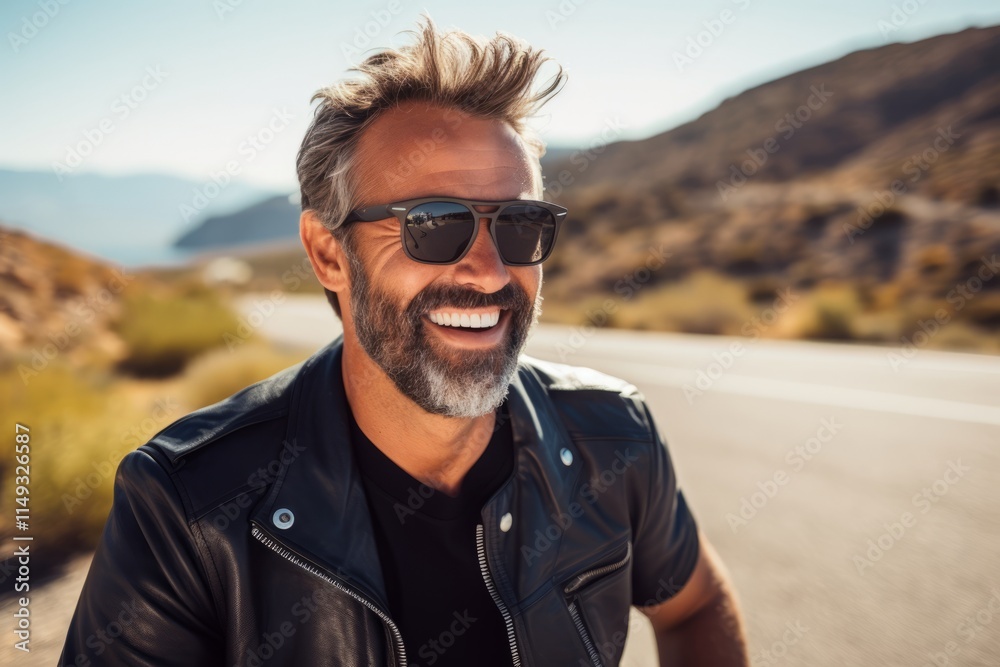 Handsome middle-aged man wearing sunglasses and a leather jacket on a road in the desert. Handsome middle-aged man wearing sunglasses and a leather jacket on a road in the desert.