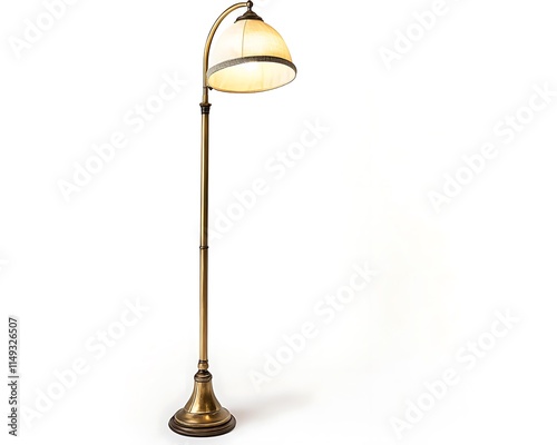 Vintage-inspired floor lamp with a brass finish and fabric shade, isolated on a white background, professional photography.