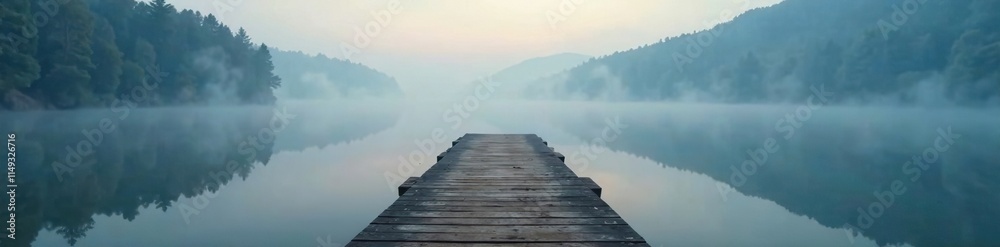 Fototapeta premium The wooden dock disappears into the foggy depths of the lake like a hidden world, seclusion, shadows