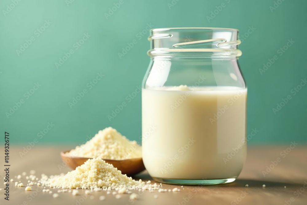 Colostrum supplement powder in a glass jar placed on the same table as the glass of milk, cow health, nutritional aid