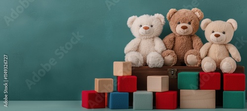 Wallpaper Mural Playful teddy bears displayed with colorful blocks cozy indoor setting charming toy photography whimsical atmosphere Torontodigital.ca