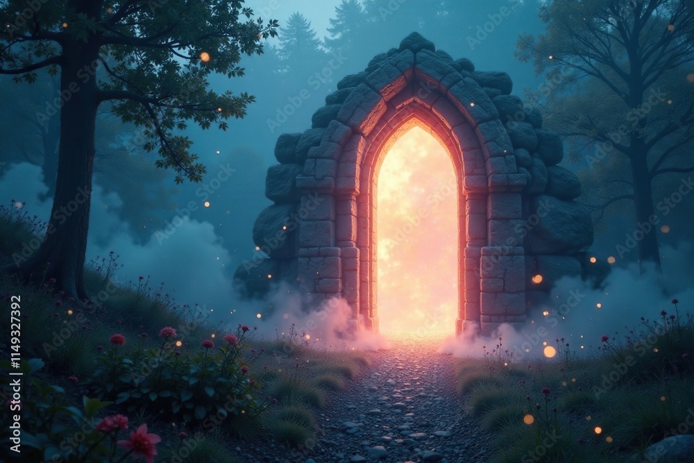 Doorway with glowing runes and an ethereal aura in a misty landscape, scenery, glowing, magical Doorway with glowing runes and an ethereal aura in a misty landscape, scenery, glowing, magical