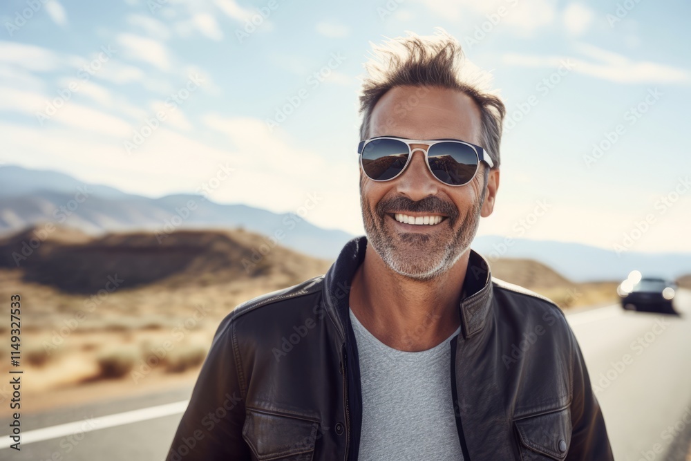 Portrait of a smiling middle-aged man in sunglasses standing on the road. Portrait of a smiling middle-aged man in sunglasses standing on the road.