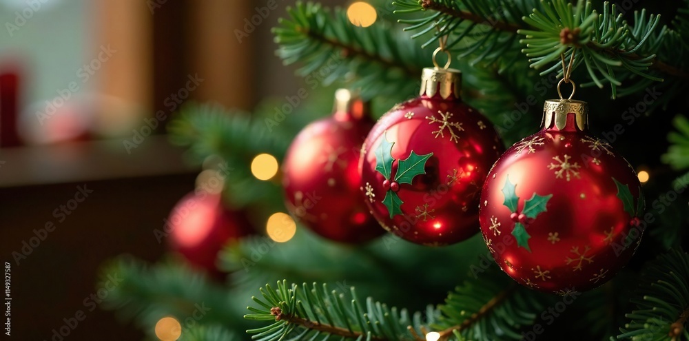 Naklejka premium Festive red glass ball ornaments hung on a fir tree, red glass balls, holly pattern, Christmas tree decor