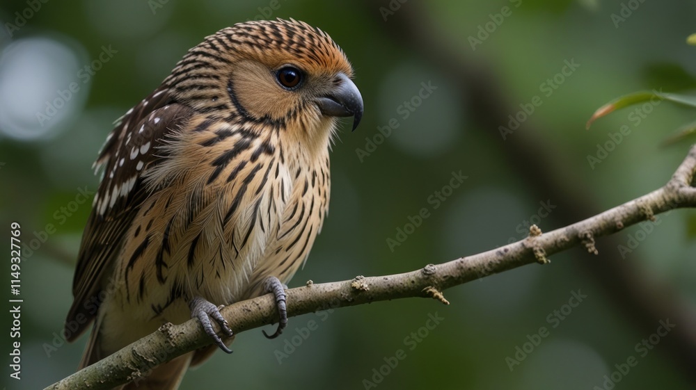 A small, brown and tan bird with speckled feathers perched on a branch, profile view. A small, brown and tan bird with speckled feathers perched on a branch, profile view.