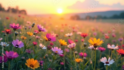 gentle twilight falls upon a field of wildflowers, pastel colors, floral arrangement