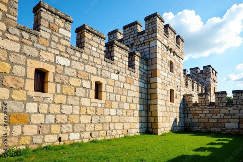 Medieval wall with a mixture of limestone and sandstone blocks, rubble core, limestone and sandstone, crenellations Medieval wall with a mixture of limestone and sandstone blocks, rubble core, limestone and sandstone, crenellations