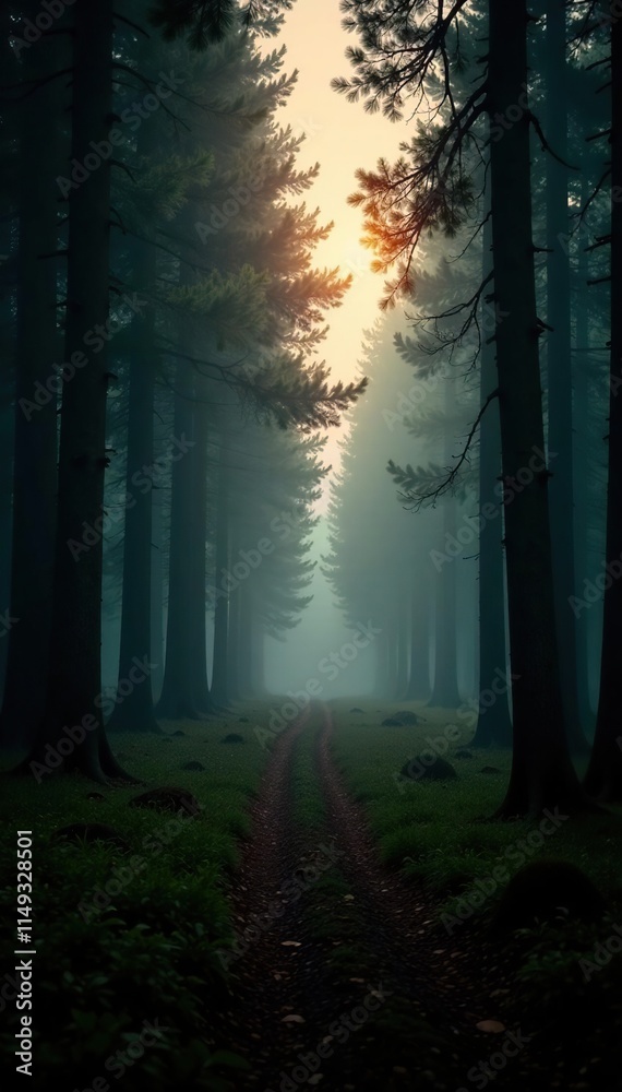 Obraz premium Misty forest at dusk, fading light casting long shadows, natural phenomena, mist