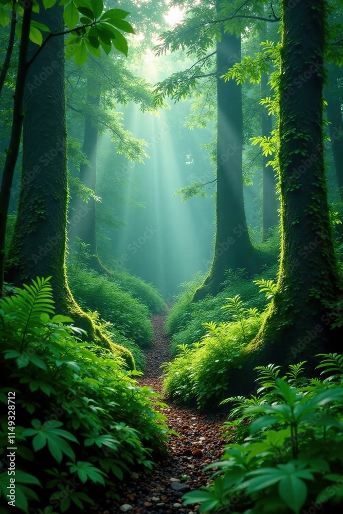 Obraz premium Overgrown ferns and lush greenery in a misty forest environment, wild, misty