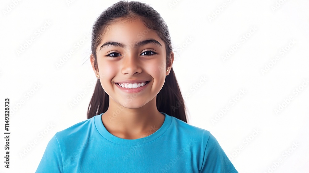 Radiant Young Latina Girl with Ponytail Smiling in Blue Shirt Radiant Young Latina Girl with Ponytail Smiling in Blue Shirt