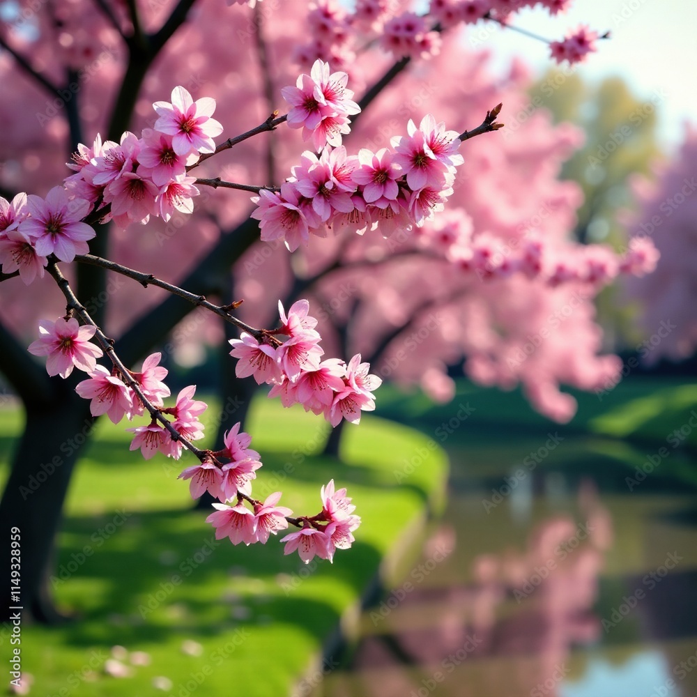 Obraz premium Pink blossoms on redbud tree branches hanging over water, flowers of spring, redbud tree, greenery