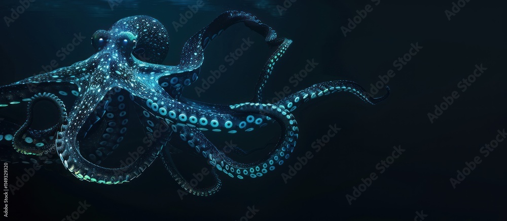 Octopus swimming in the dark ocean with glowing tentacles Octopus swimming in the dark ocean with glowing tentacles