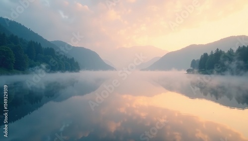 Serene mist rises slowly over the calm lake surface, tranquility, calm