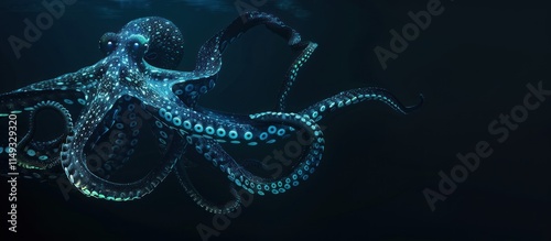 Octopus swimming in the dark ocean with glowing tentacles