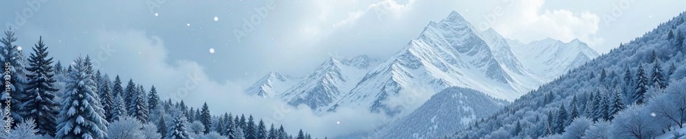 Obraz premium Snowflakes fall from the sky onto a forest-covered mountain, icy, gray, calm