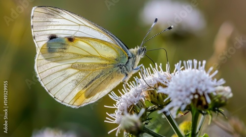 Delicate Butterfly on White Flower Against Soft Natural Background