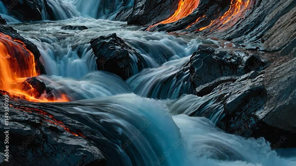 Video footage of mesmerizing waterfall cascades over dark rocks, with glowing orange lava flowing beside it, creating a stunning contrast between the cool water and fiery lava